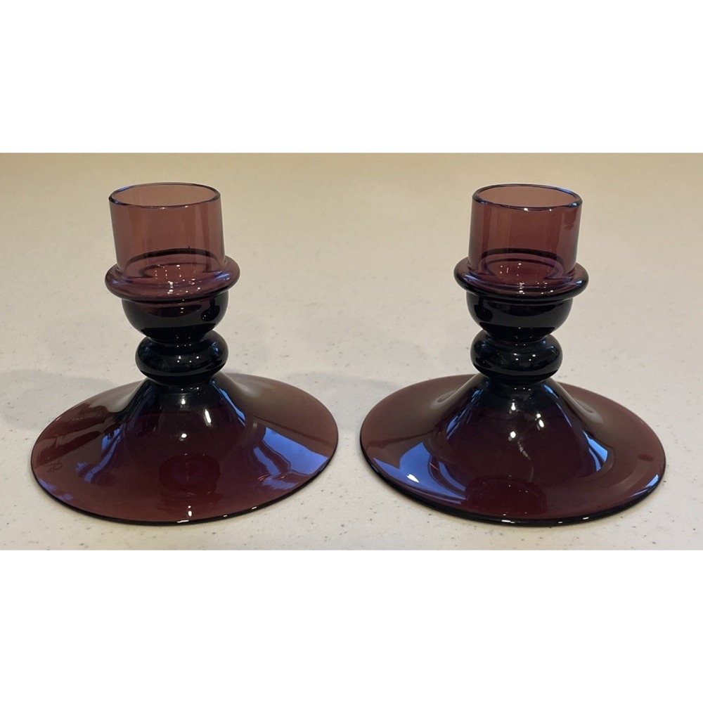 Pair of Vintage Amethyst Purple Candle Holders Hand Blown Glass MCM 3" Tall EPC